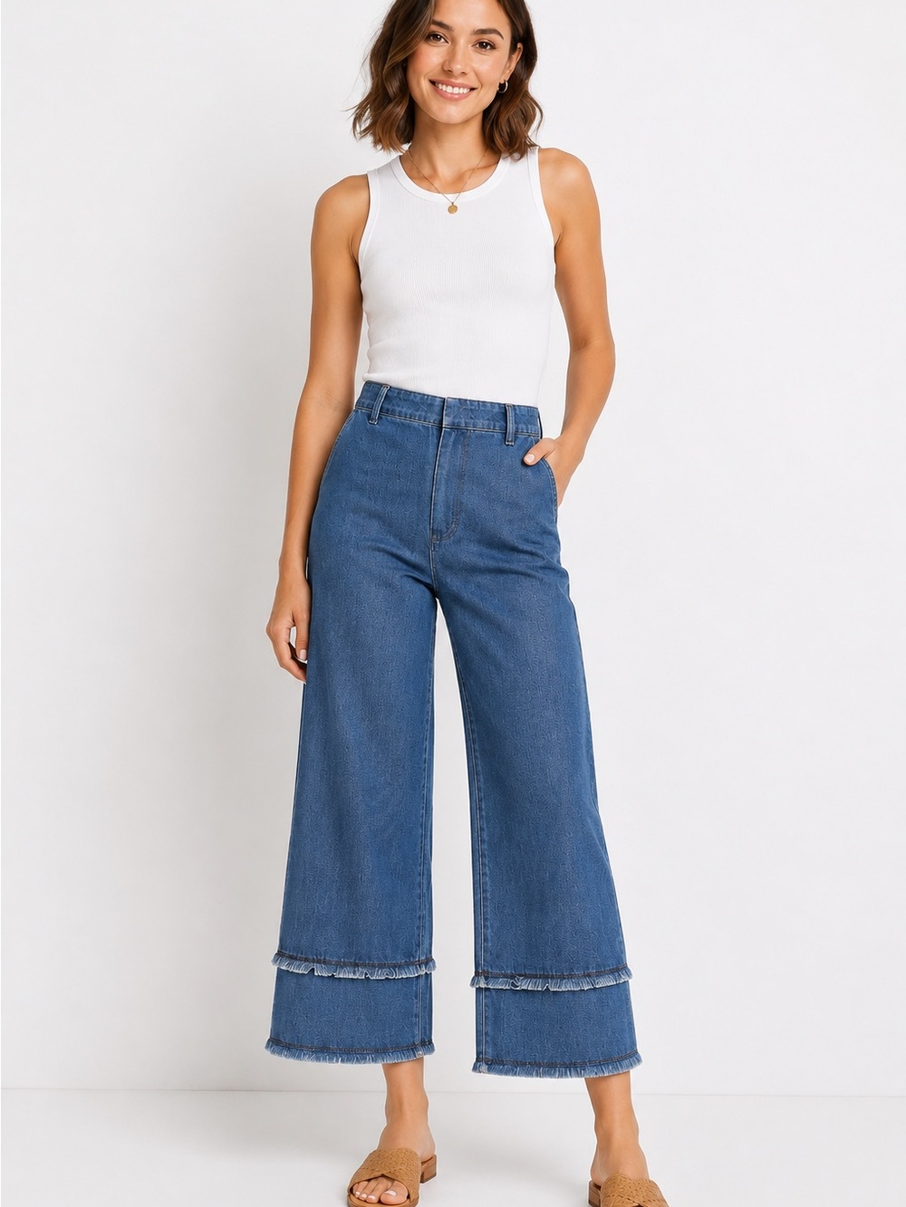 Lysse Blue High-Rise Tiered Frayed Wide-Leg Jeans NWT $148